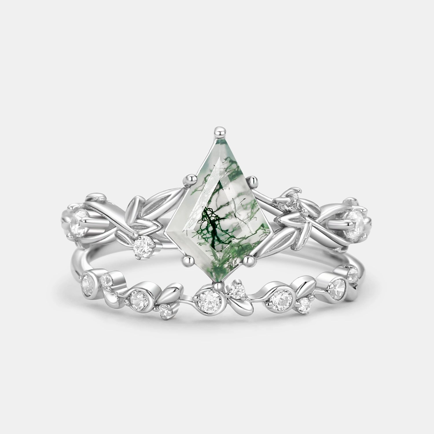 Muted Details Leafy Kite Cut Moss Agate Engagement Ring & Straight Band Sets 2pcs