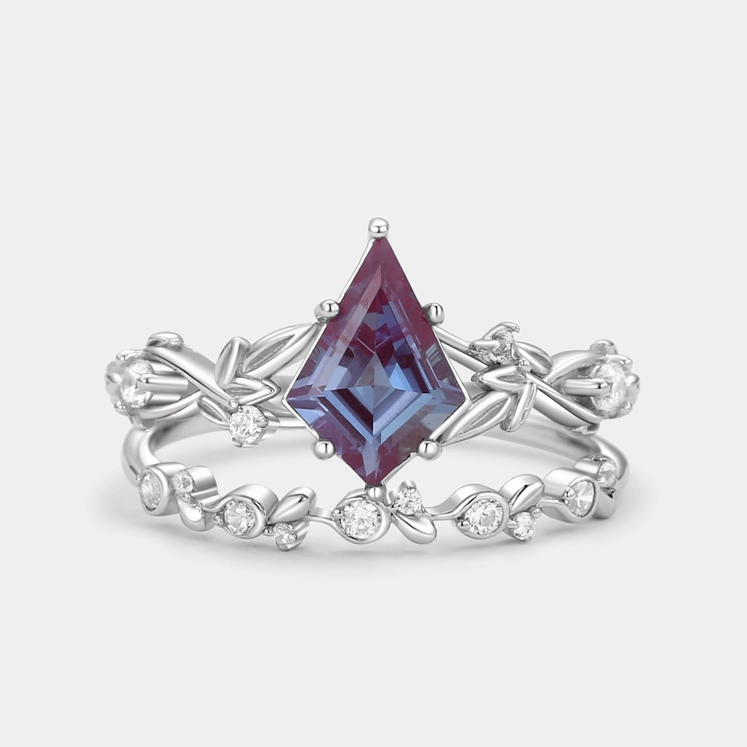 Leafy Kite Cut Moss Agate Engagement Ring & Straight Band Sets 2pcs Finest Finish