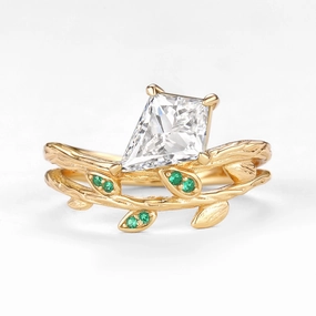 Leafy Kite Lab Grown Diamond Engagement Ring Set 2pcs- Aether Luminous Accent Artisan Crafted