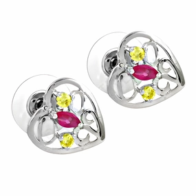 Lemon Quartz & Pink Glass Silver Stud Earrings - Stunning Heart Design CZ Earrings Everyday Jewelry