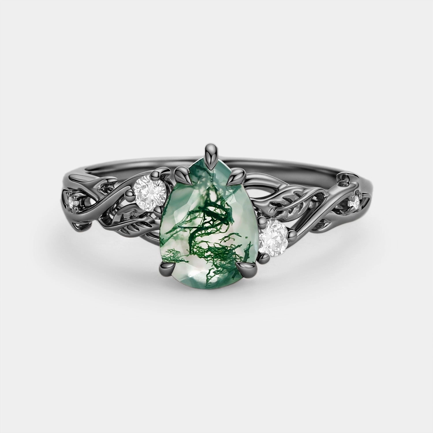 Pear Shaped Moss Agate Leafy Engagement Ring - Poire Model Ready