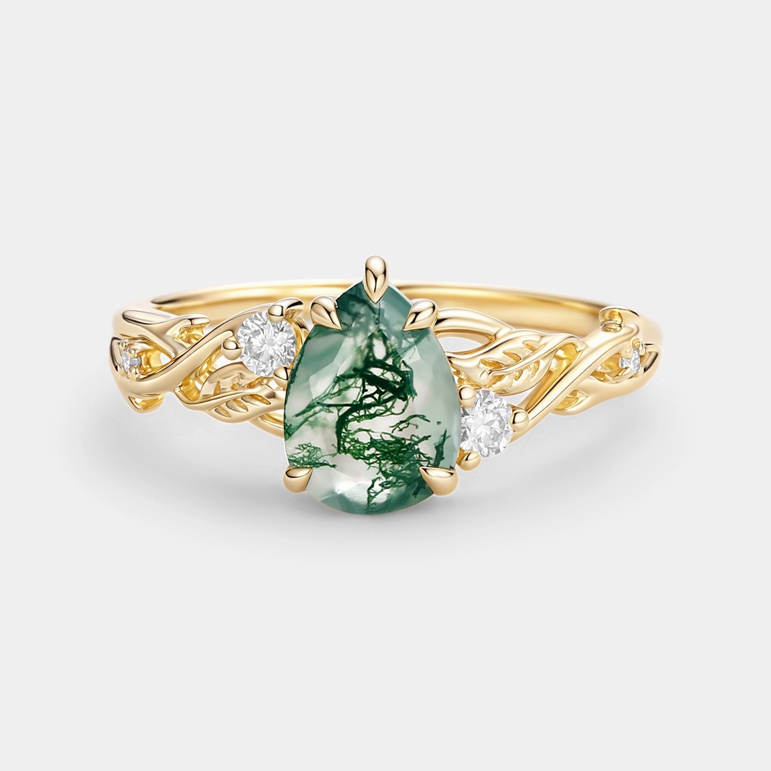 Dressed Up Look Pear Shaped Moss Agate Leafy Engagement Ring - Poire