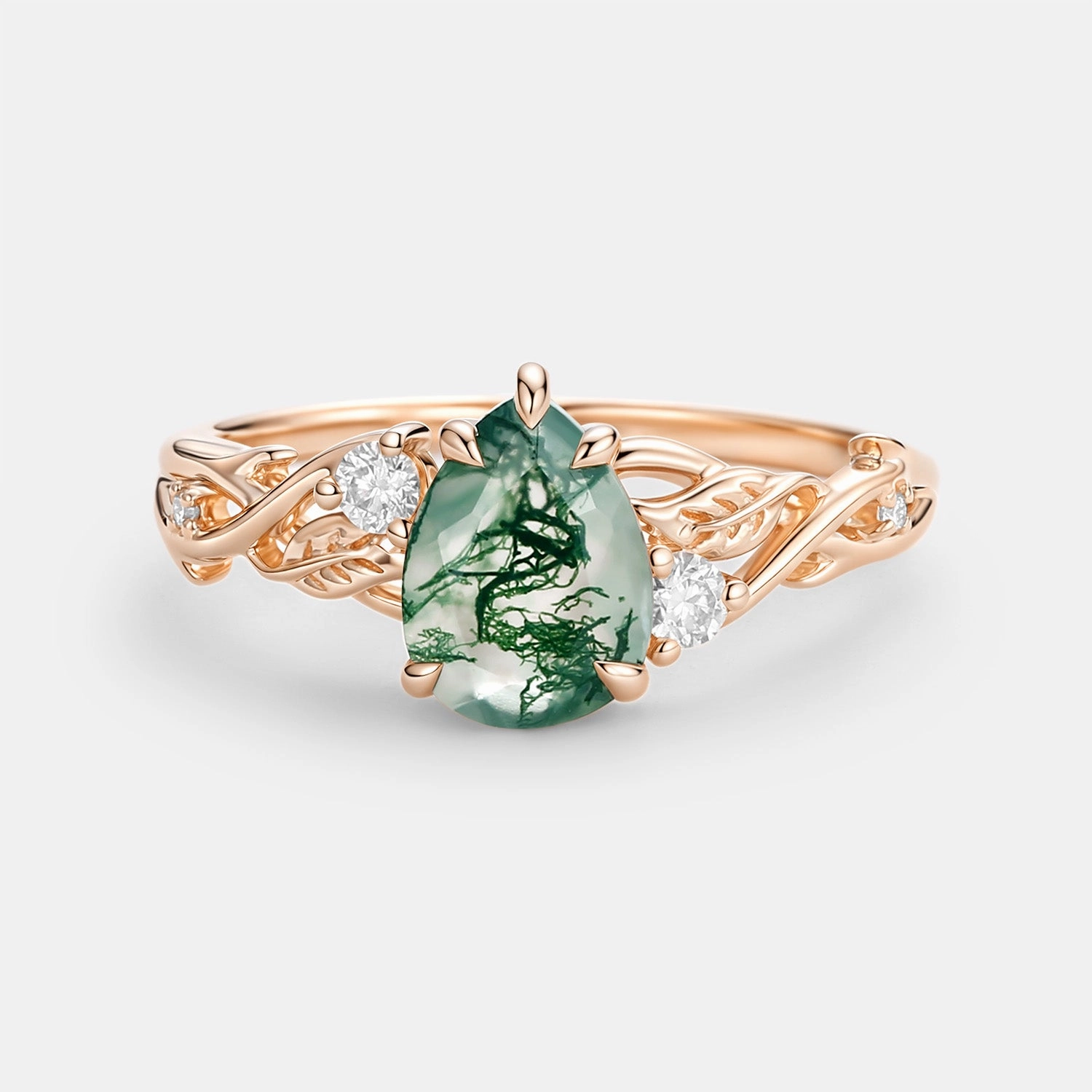 Glow Accent Inspired Touch Pear Shaped Moss Agate Leafy Engagement Ring - Poire