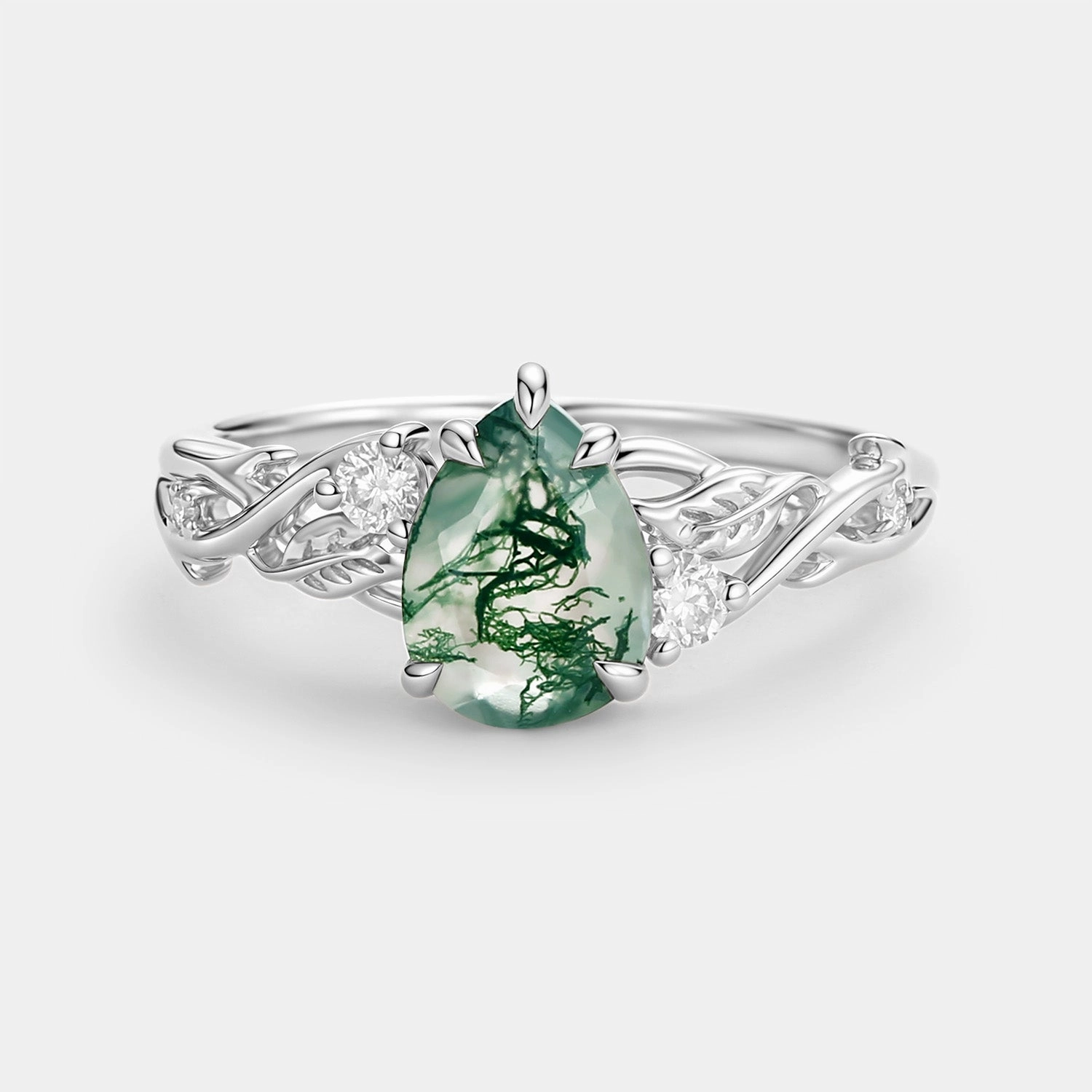 Shiny Creations Pear Shaped Moss Agate Leafy Engagement Ring - Poire