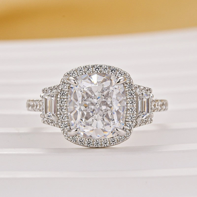 3.0Ct Cushion Cut Halo Three Stone Engagement Ring In Sterling Silver Stylish Addition Bold Radiance
