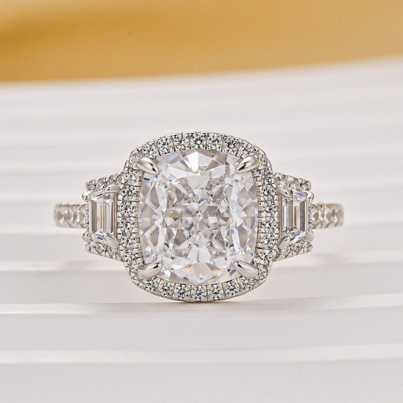 3.0Ct Cushion Cut Halo Three Stone Engagement Ring In Sterling Silver Artisan Detail Understated Detail