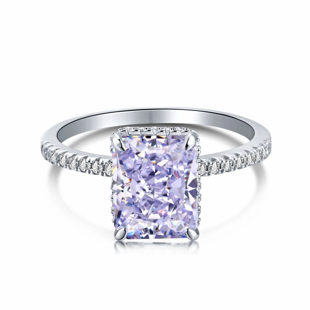 Modern Gift Light Purple Solitaire Radiant Cut Half Eternity Diamond Ring Sterling Silver