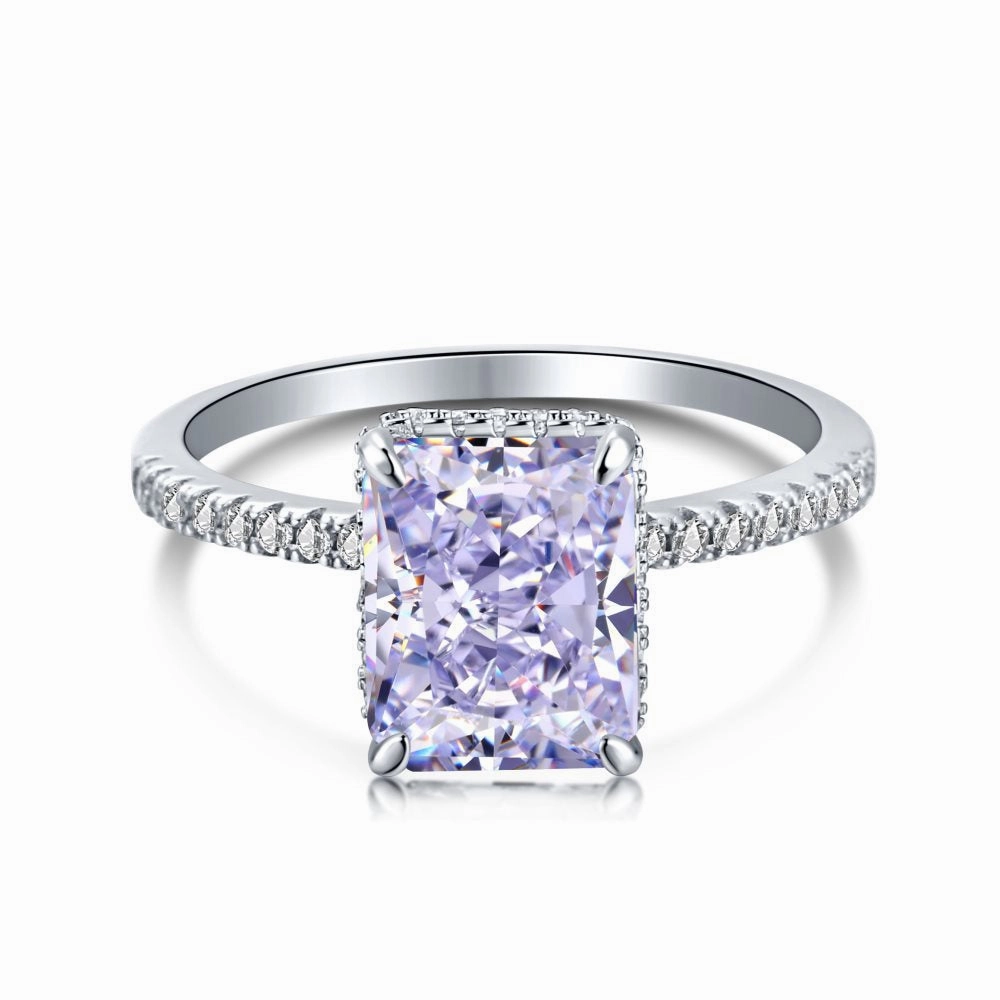 Timeless Trend Light Purple Solitaire Radiant Cut Half Eternity Diamond Ring Sterling Silver