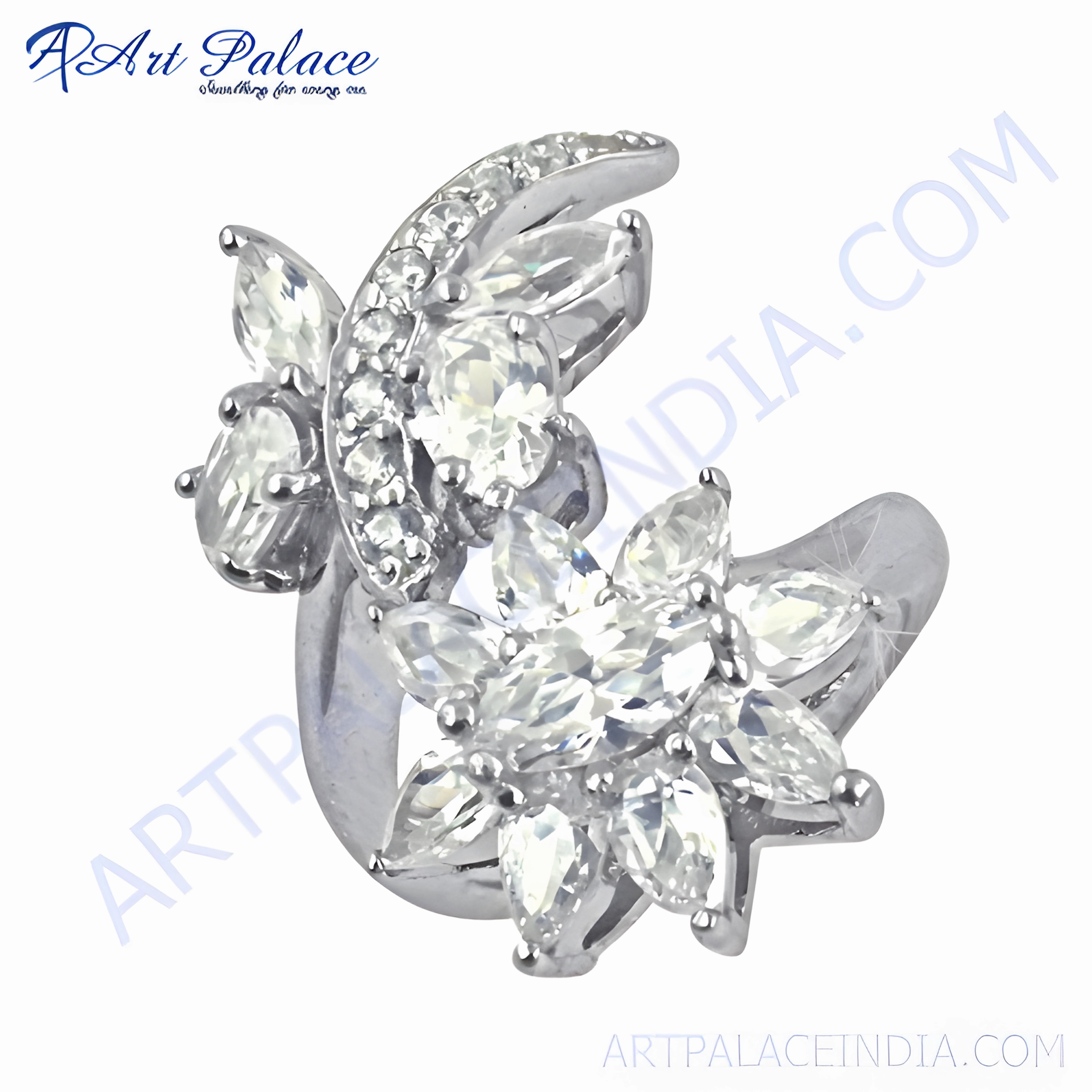 Chic Ornament Creative Piece Elegant Flower Butterfly Style Cubic Zirconia Gemstone Silver Ring