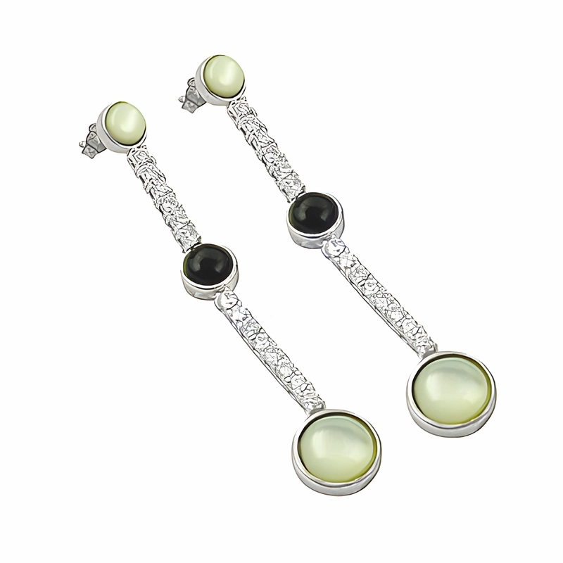 Decorative Product Attractive Embellishment Elegant Silver Earrings with Cubic Zirconia, Black Onyx, and Mother of Pearl Gemstones