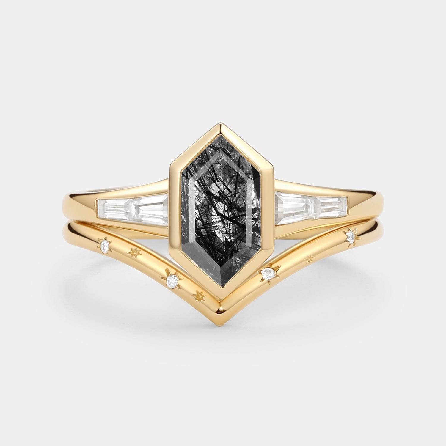 Clean Vibe Black Rutilated Quartz Engraved Elongated Hexagon Engagement Ring Set 2pcs