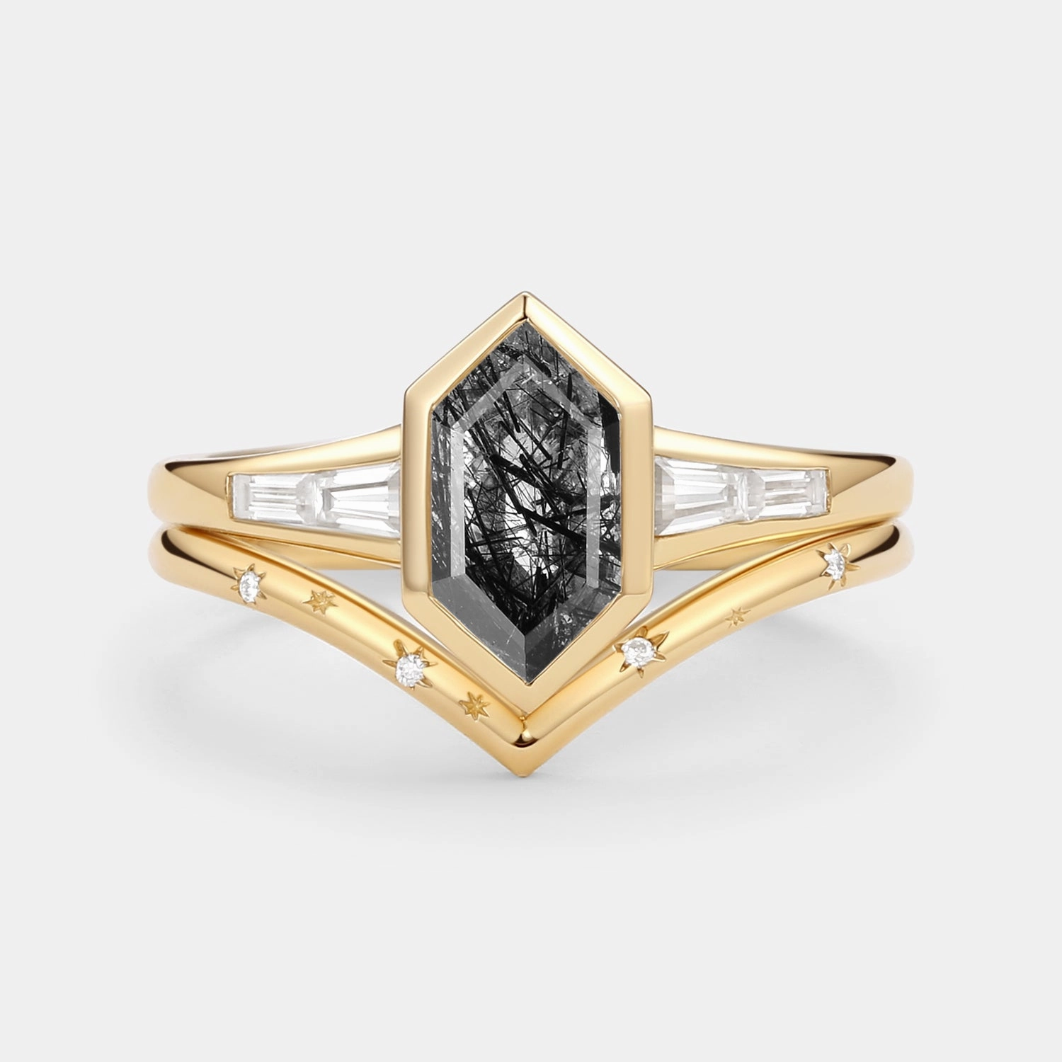 Light Spark Black Rutilated Quartz Engraved Elongated Hexagon Engagement Ring Set 2pcs
