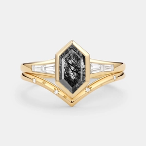 Runway Inspired Minimalist Touch Black Rutilated Quartz Engraved Elongated Hexagon Engagement Ring Set 2pcs