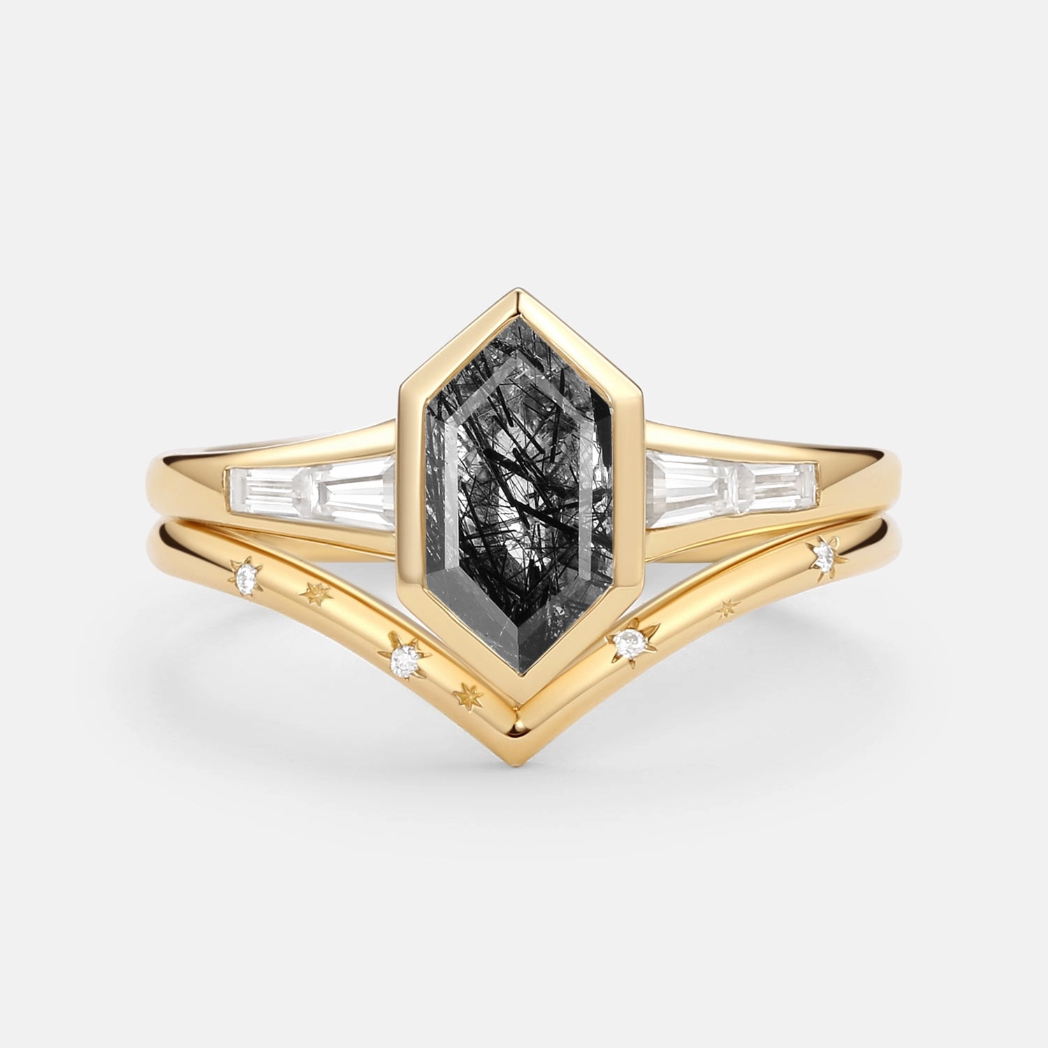 Classic Accent Black Rutilated Quartz Engraved Elongated Hexagon Engagement Ring Set 2pcs