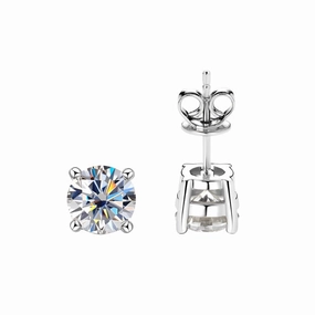 Delicate Finish 4-Prong Round Silver Minimalist Simple Diamond Earrings | S925 | Moissanite