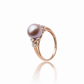 Handcrafted Decoration Lilac Freshwater Pearl Ring in Rose Gold with Diamonds - 9-10mm