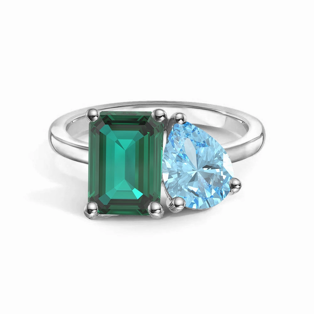 Toi et Moi Personalized Emerald Birthstone Anniversary Ring Graceful Layer Fashionable Craft