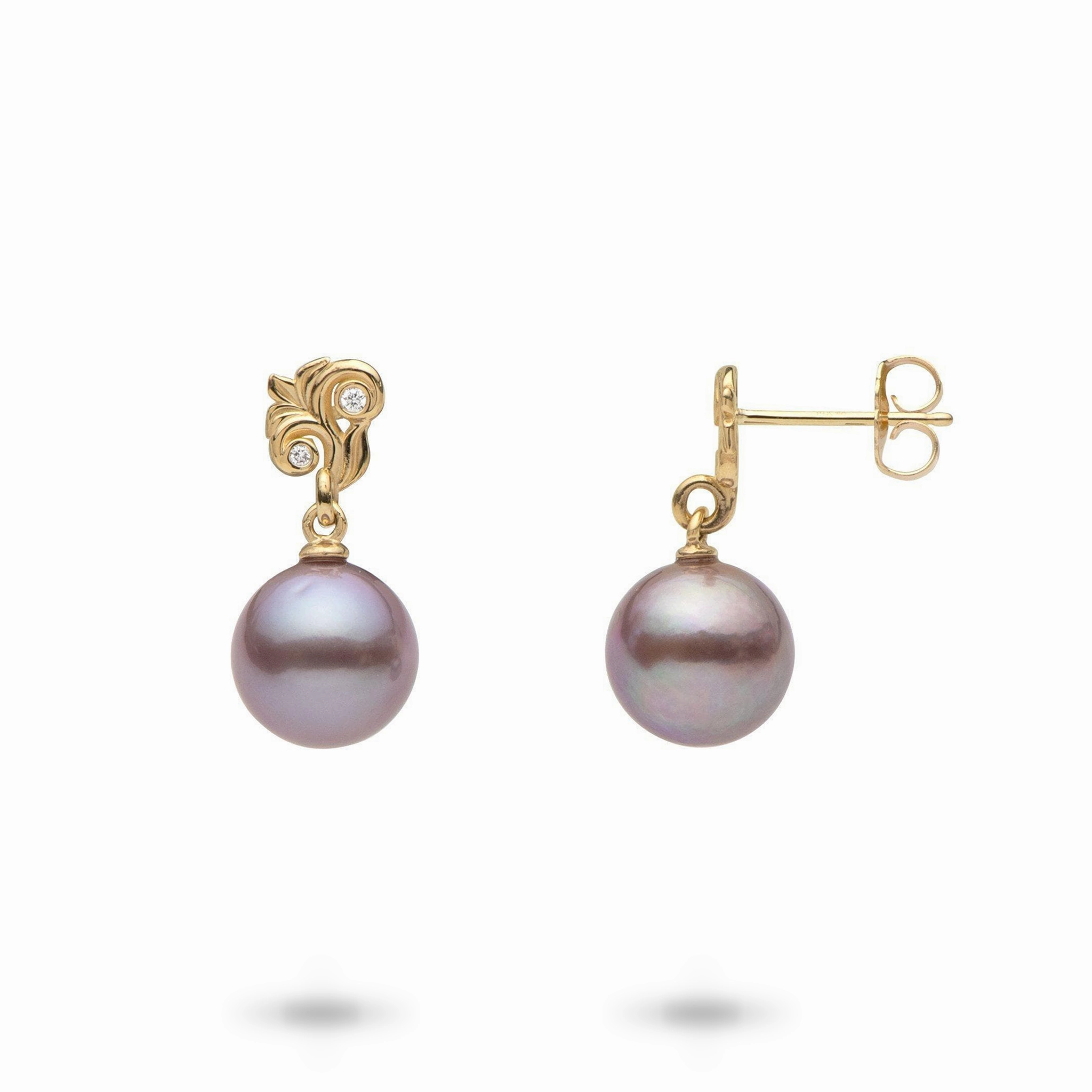 Living Heirloom Lilac Freshwater Pearl Earrings in Gold with Diamonds - 8mm Simple Item