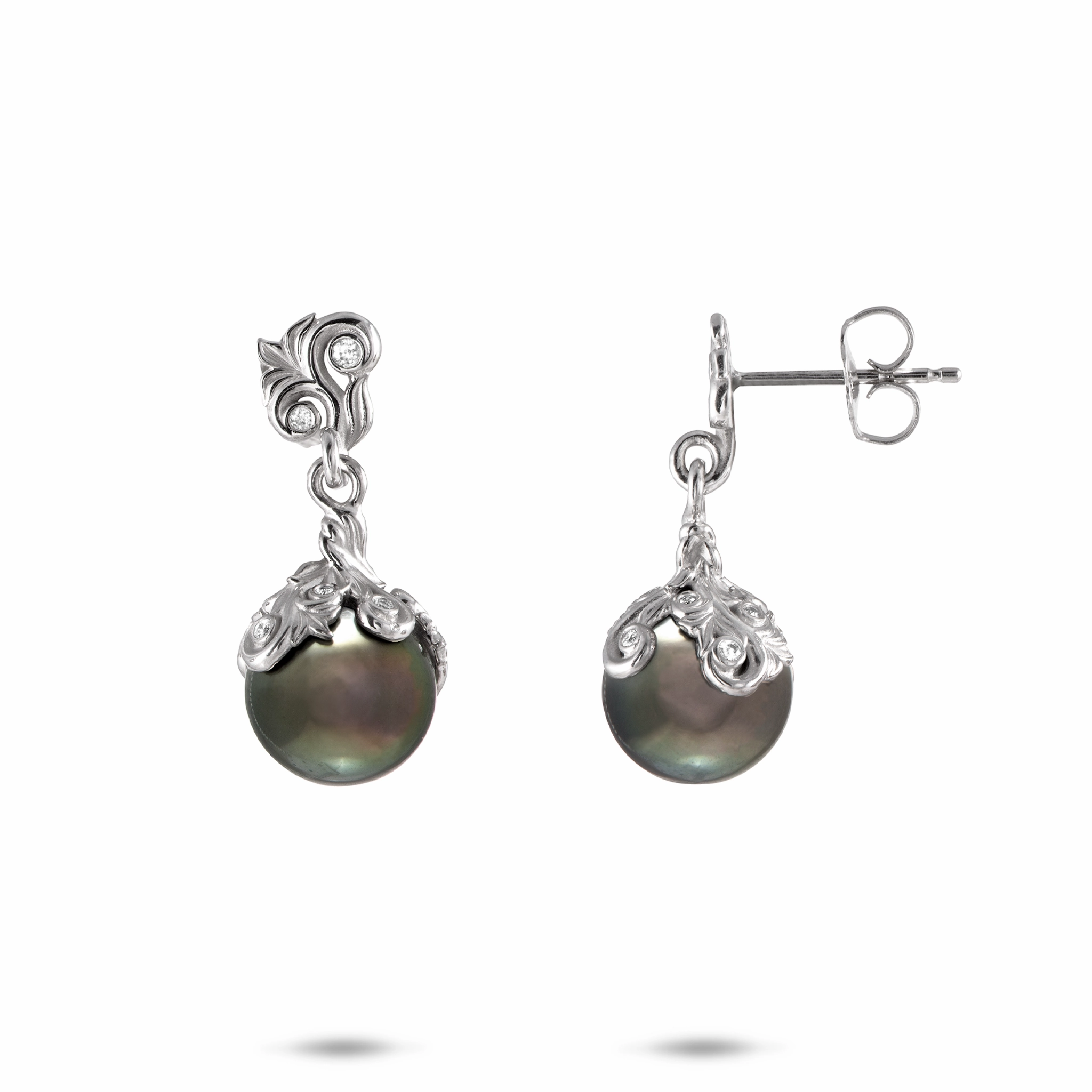 Living Heirloom Tahitian Black Pearl Earrings in White Gold with Diamonds - 9-10mm Sparkling Choice Polished Feature