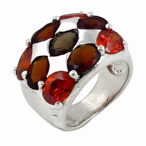 Elegant Orange-Red Cubic Zirconia & Smokey Glass Gemstone Silver Ring Excellent Statement