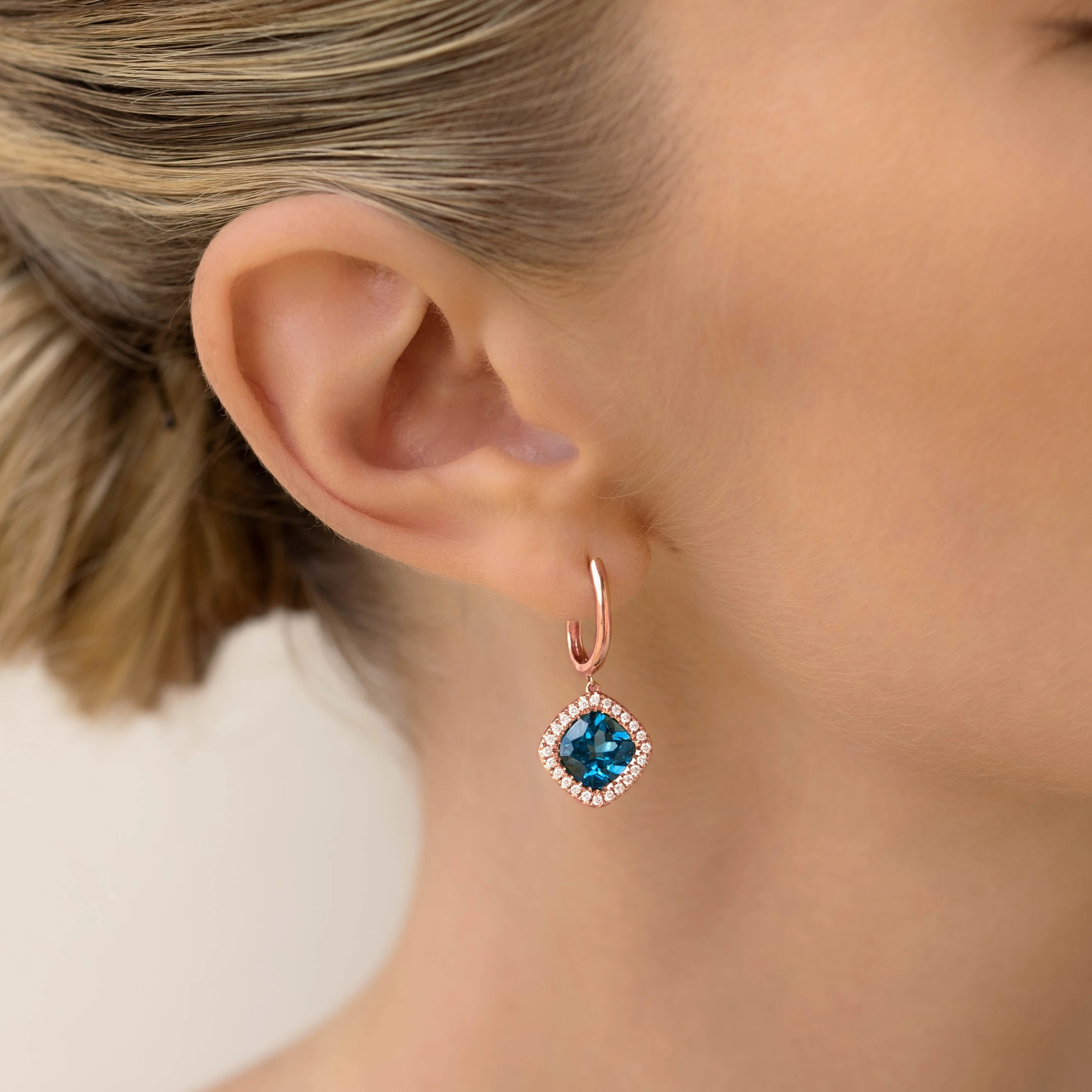 London Blue Topaz and Diamond Halo Drop Earrings Rose Gold - Elvira Chic Feature Winter Piece