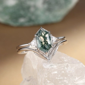 Long Hexagon Big Moss Agate Coconut Tree Leafy Ring Set 2pcs - Ariel Quiet Glow