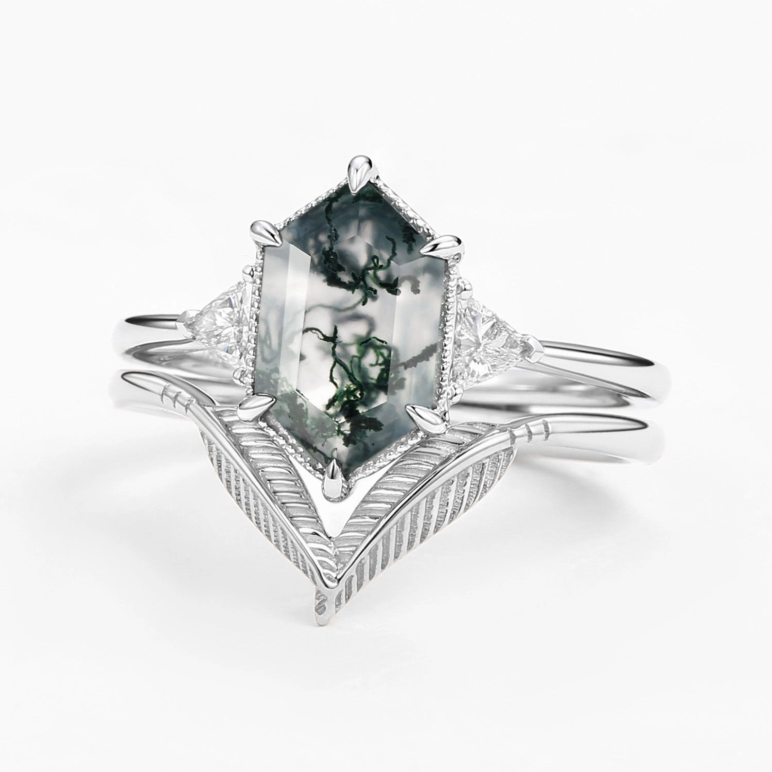 Long Hexagon Big Moss Agate Coconut Tree Leafy Ring Set 2pcs - Ariel Boho Style