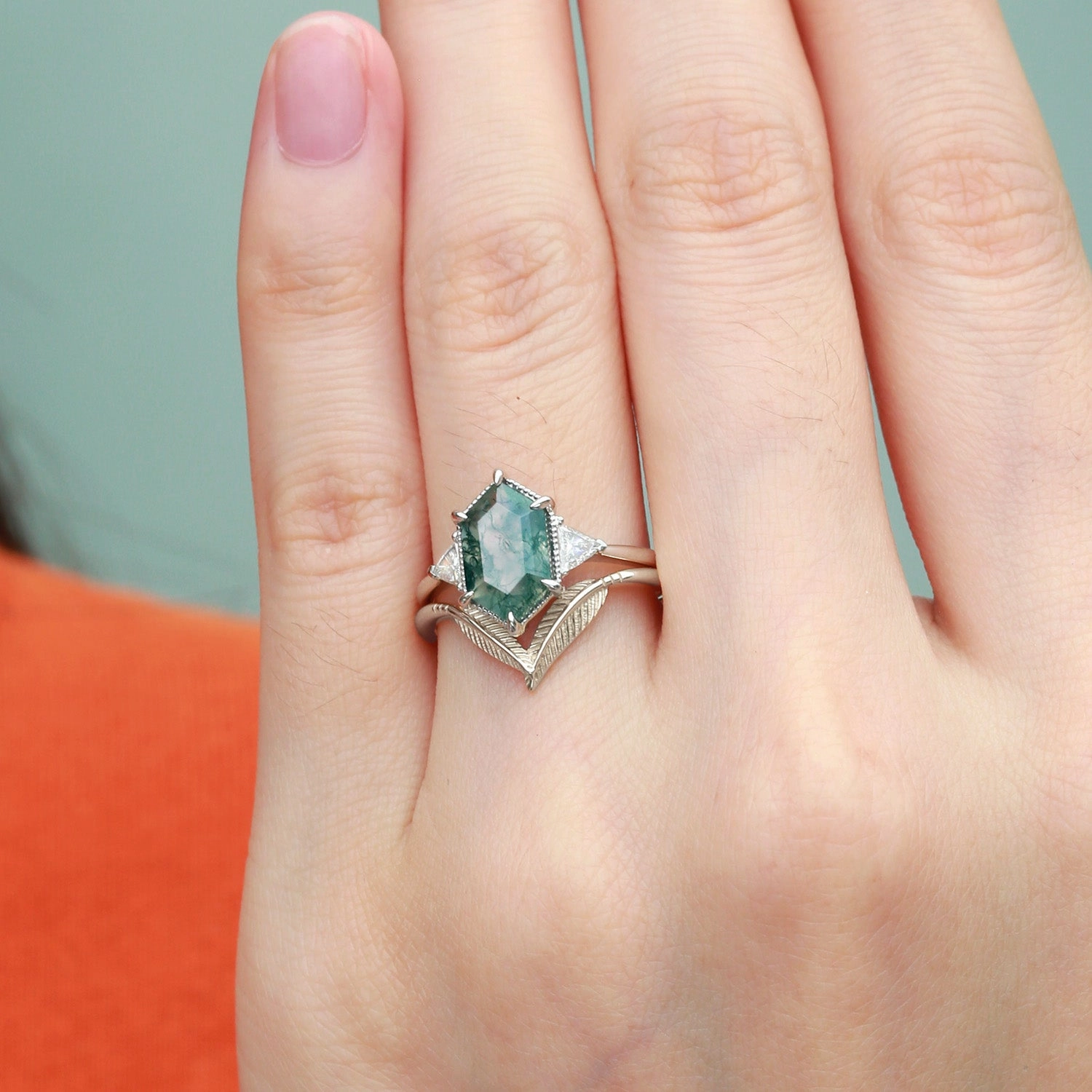 Day Look Long Hexagon Big Moss Agate Coconut Tree Leafy Ring Set 2pcs - Ariel