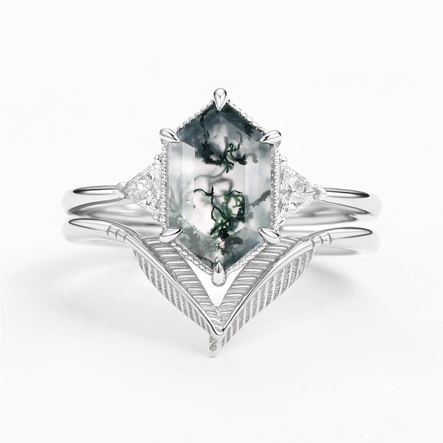 Long Hexagon Big Moss Agate Coconut Tree Leafy Ring Set 2pcs - Ariel Timeless Detailing Distinctive Shine