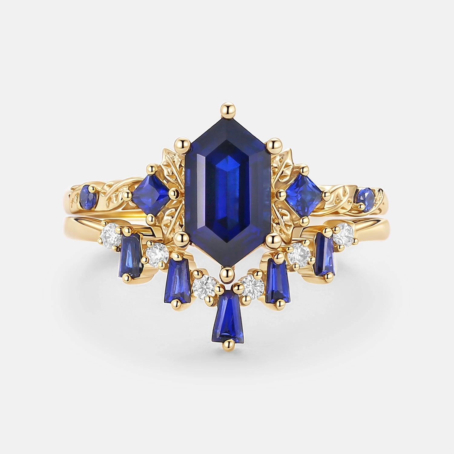 Beach Vibes Long Hexagon Lab Sapphire Engagement Ring Set 2pcs - Cerulex