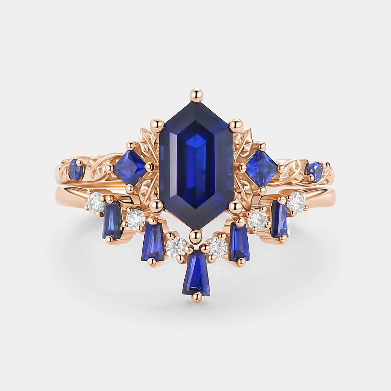 Long Hexagon Lab Sapphire Engagement Ring Set 2pcs - Cerulex Subtle Spark Fashion Form