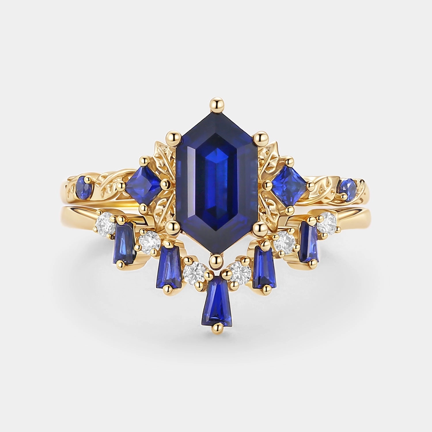 Long Hexagon Lab Sapphire Engagement Ring Set 2pcs - Cerulex Unique Highlight