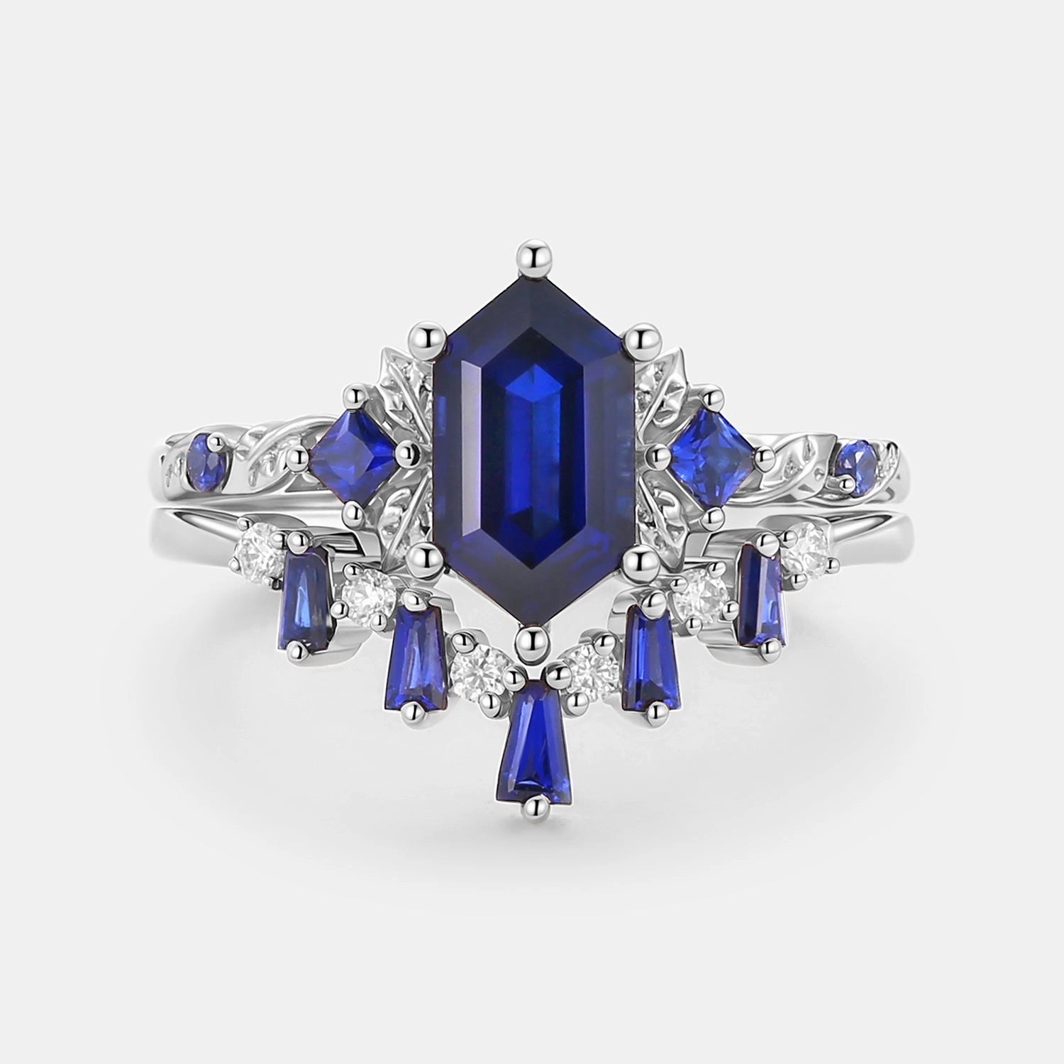 Contemporary Look Custom Design Pieces Long Hexagon Lab Sapphire Engagement Ring Set 2pcs - Cerulex
