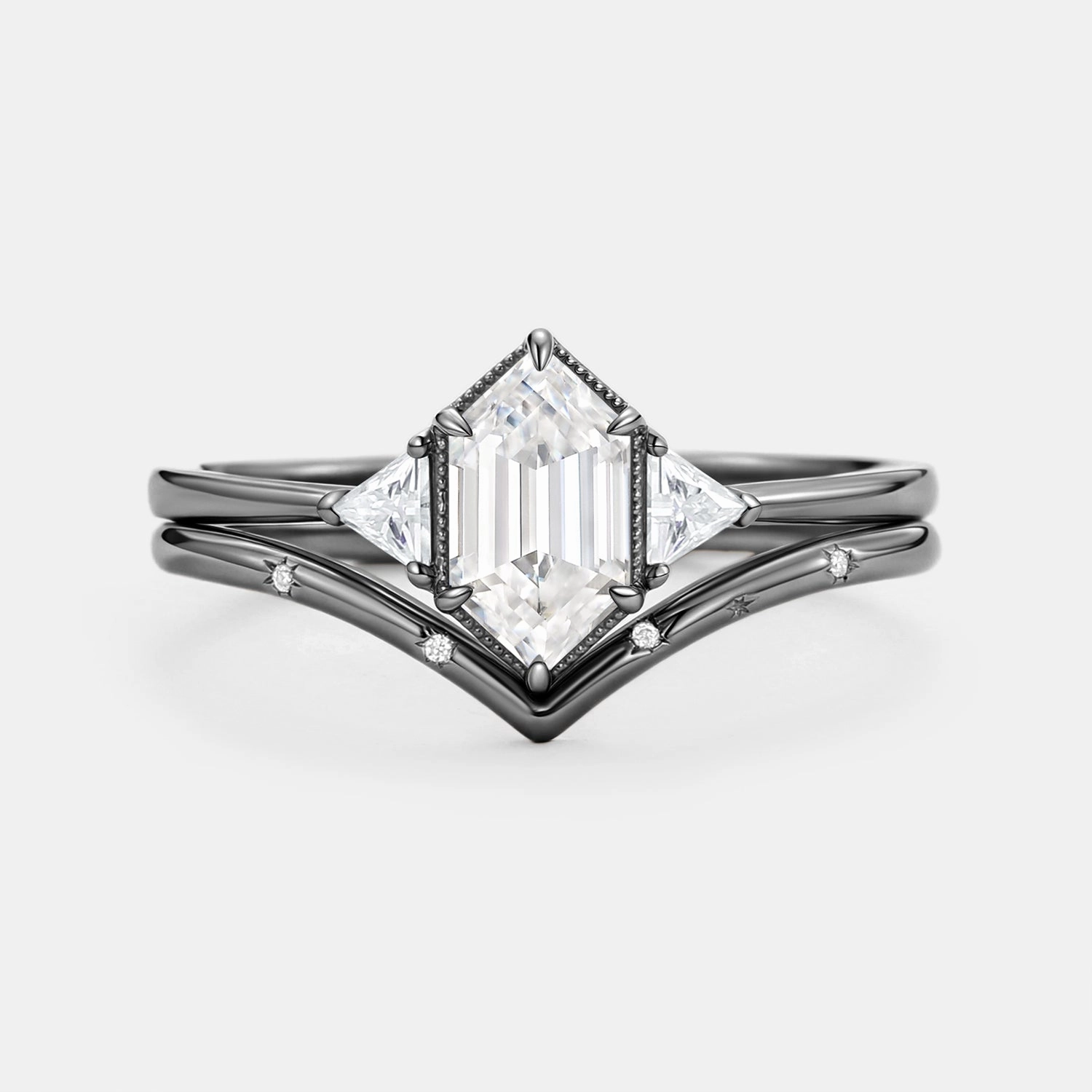 Long Hexagon Moissanite Engraved Bridal Ring Set 2pcs - Vega Fashionable Finish Elegant Shine Finish