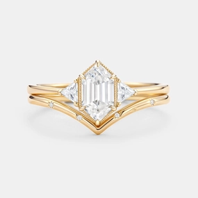 Fresh Elements Long Hexagon Moissanite Engraved Bridal Ring Set 2pcs - Vega