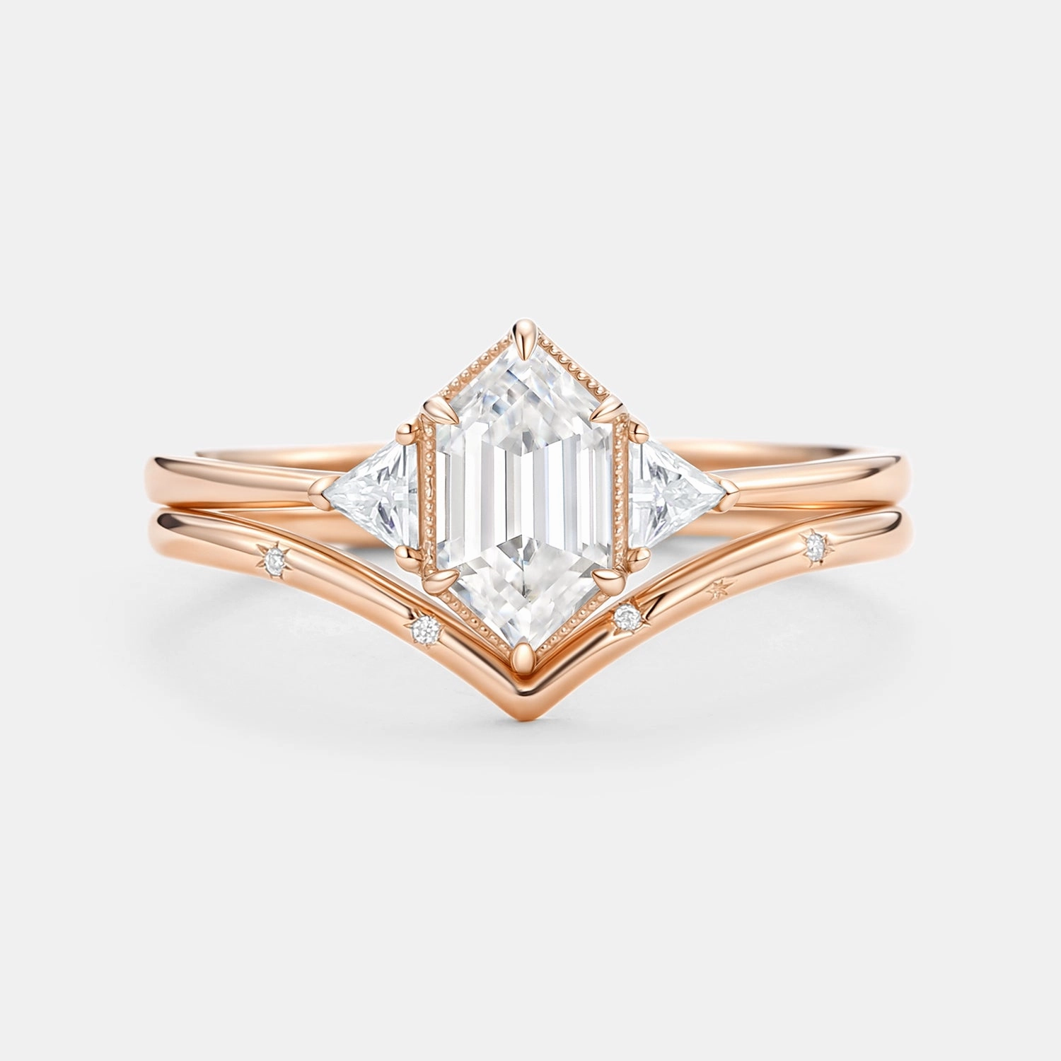 Radiant Craft Long Hexagon Moissanite Engraved Bridal Ring Set 2pcs - Vega