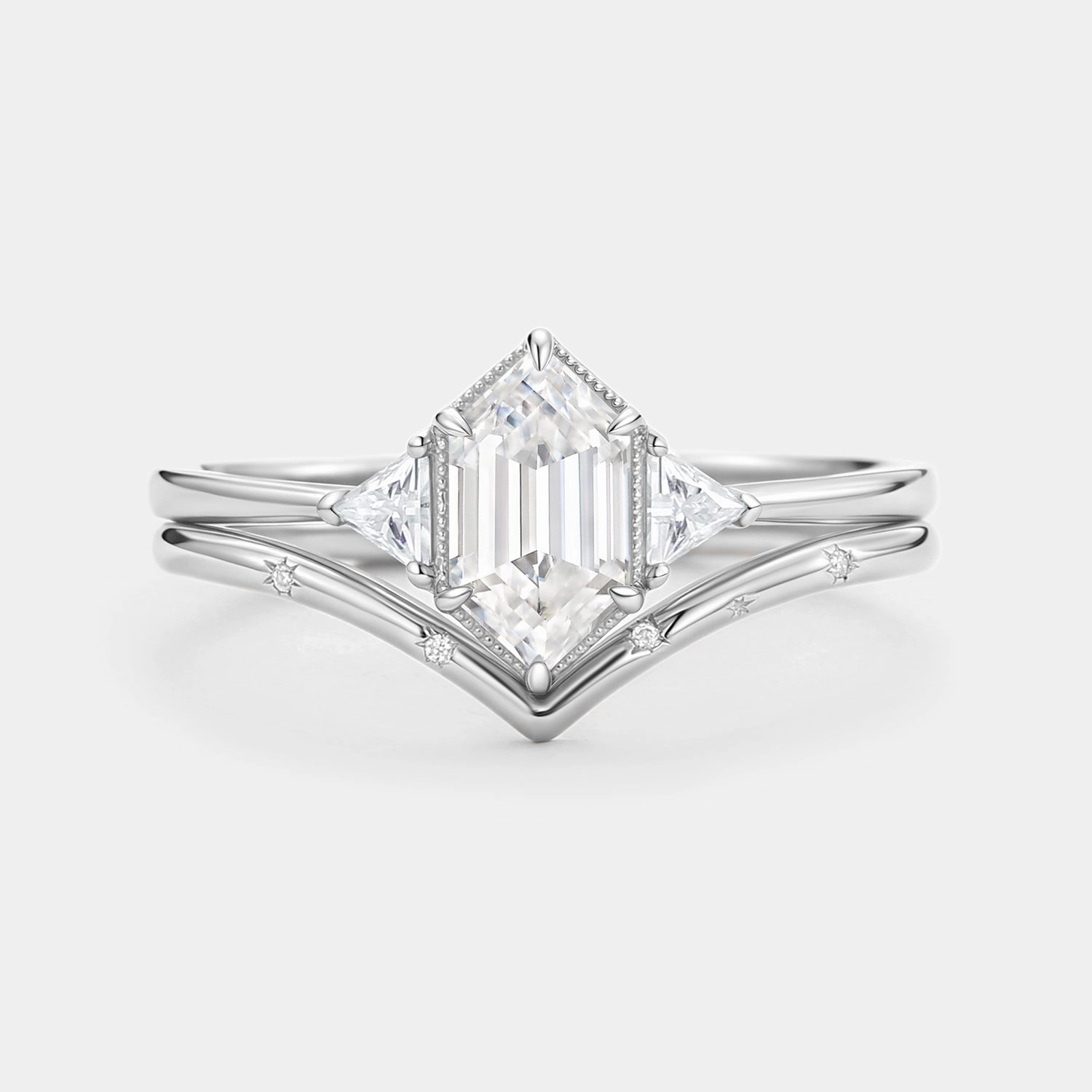 soft look Long Hexagon Moissanite Engraved Bridal Ring Set 2pcs - Vega