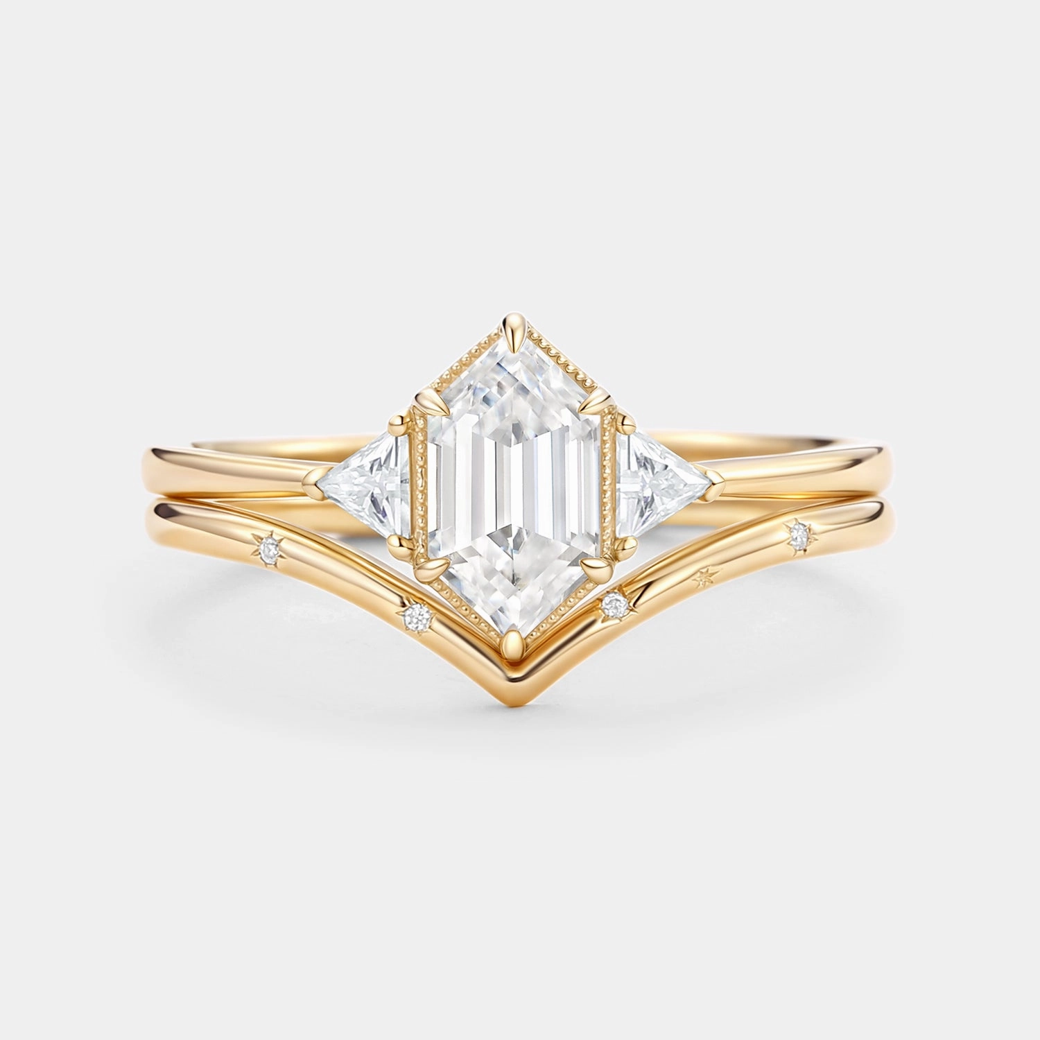 Fresh Elements Long Hexagon Moissanite Engraved Bridal Ring Set 2pcs - Vega