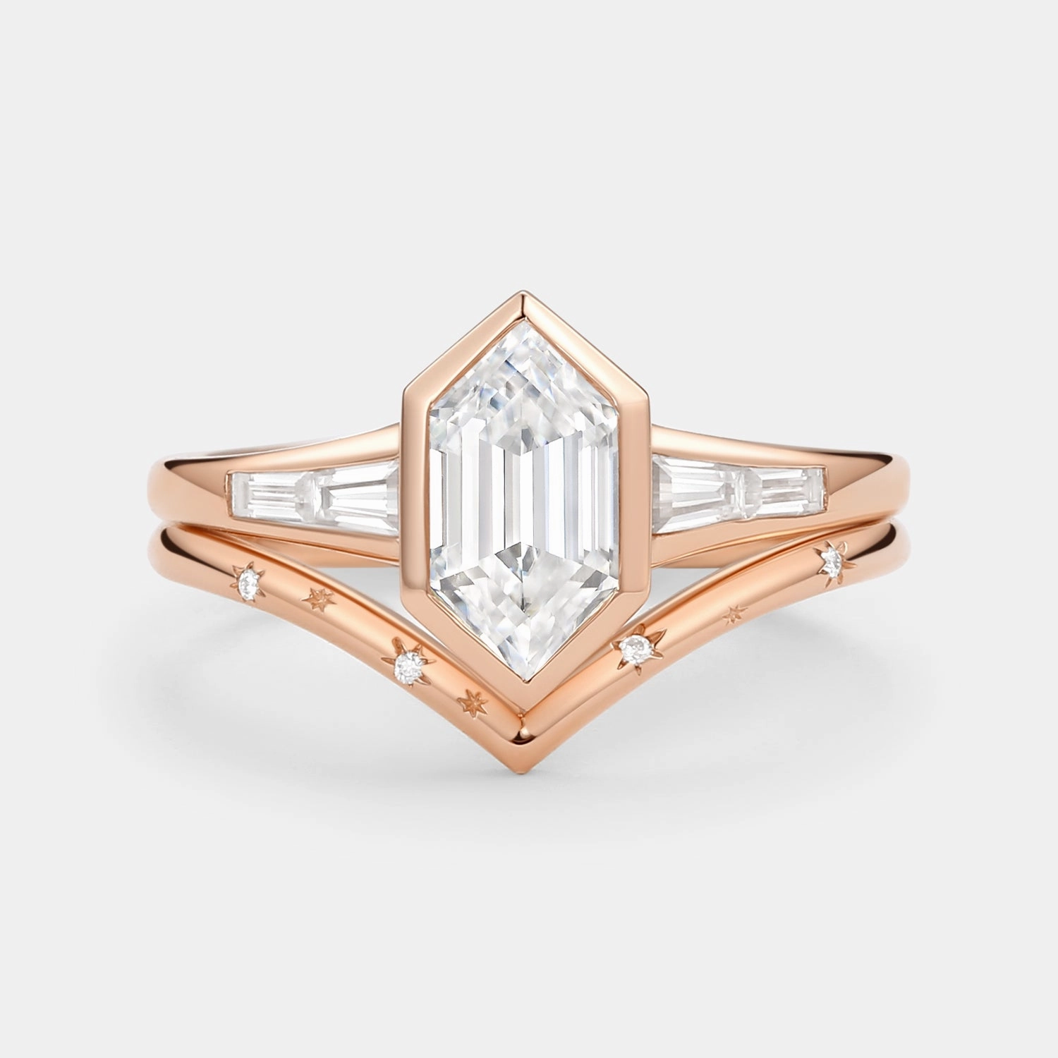 Long Hexagon Moissanite Minimalist Bridal Ring Set 2pcs Essential Pair