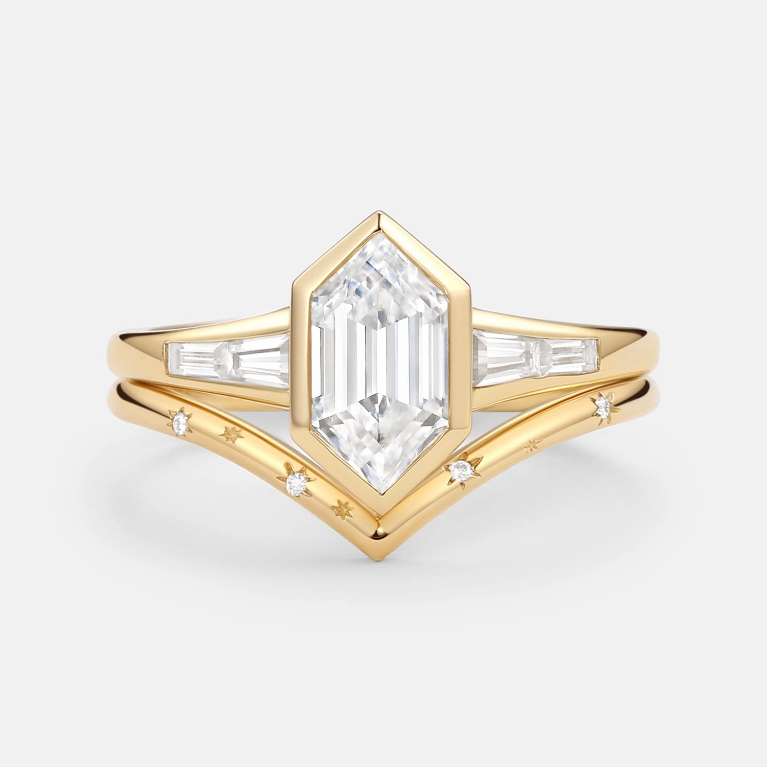 Chic Accent Custom Accessories Long Hexagon Moissanite Minimalist Bridal Ring Set 2pcs