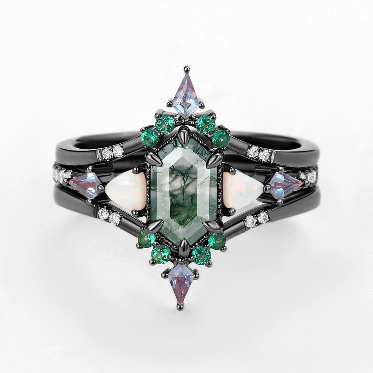 Stylish Flow Long Hexagon Moss Agate & Opal & Alexandrite & Emerald Engagement Ring Set 3pcs - Max