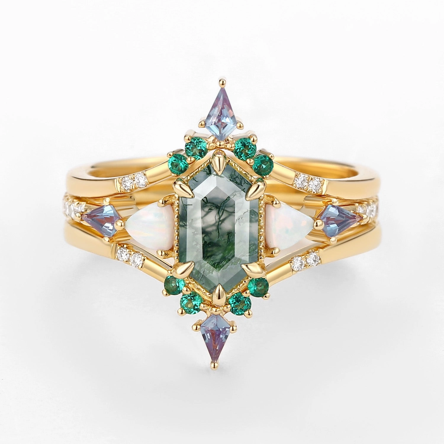Everyday Detail Romantic Gift Long Hexagon Moss Agate & Opal & Alexandrite & Emerald Engagement Ring Set 3pcs - Max