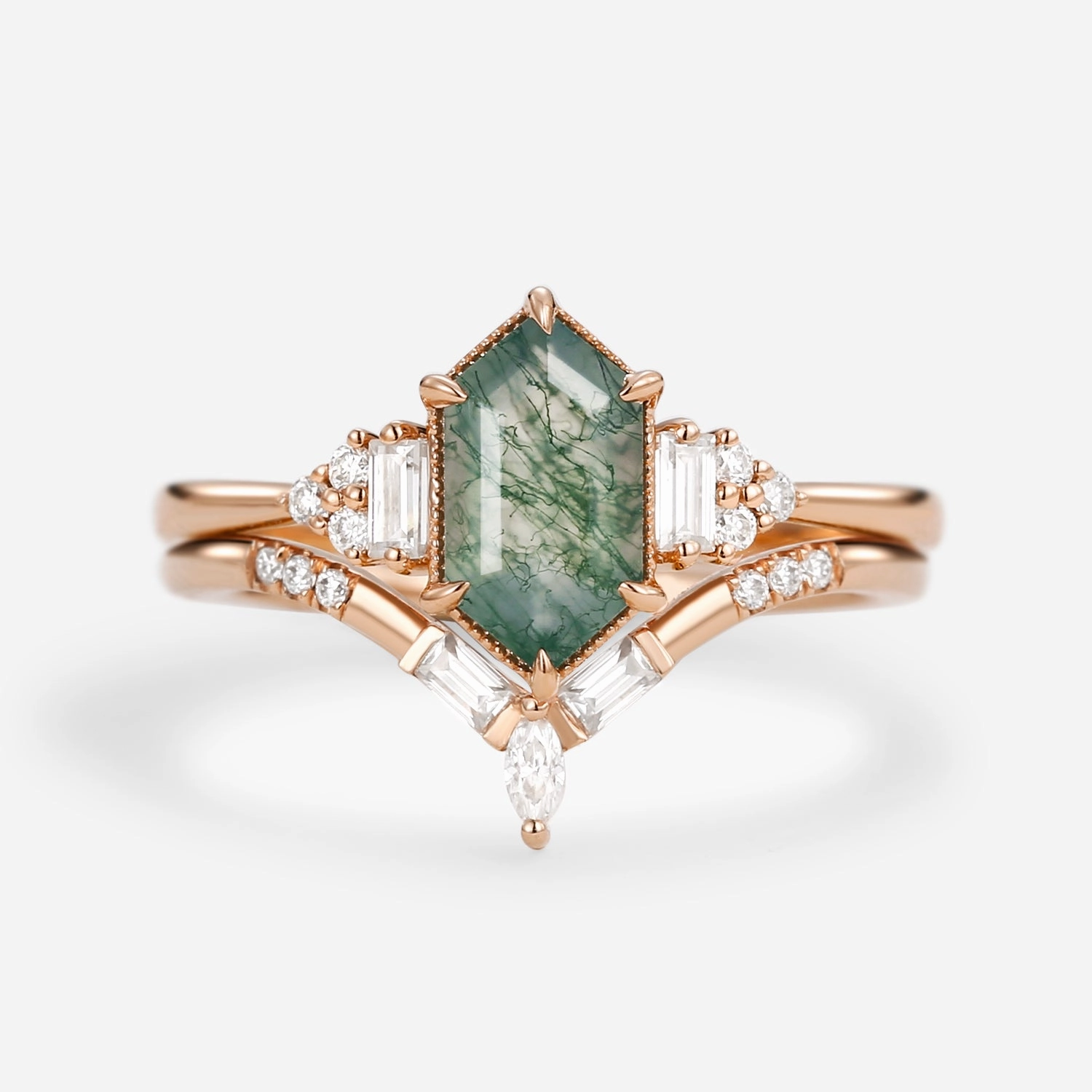 Feminine Touch Long Hexagon Moss Agate Baguette Engagement Ring Set 2pcs