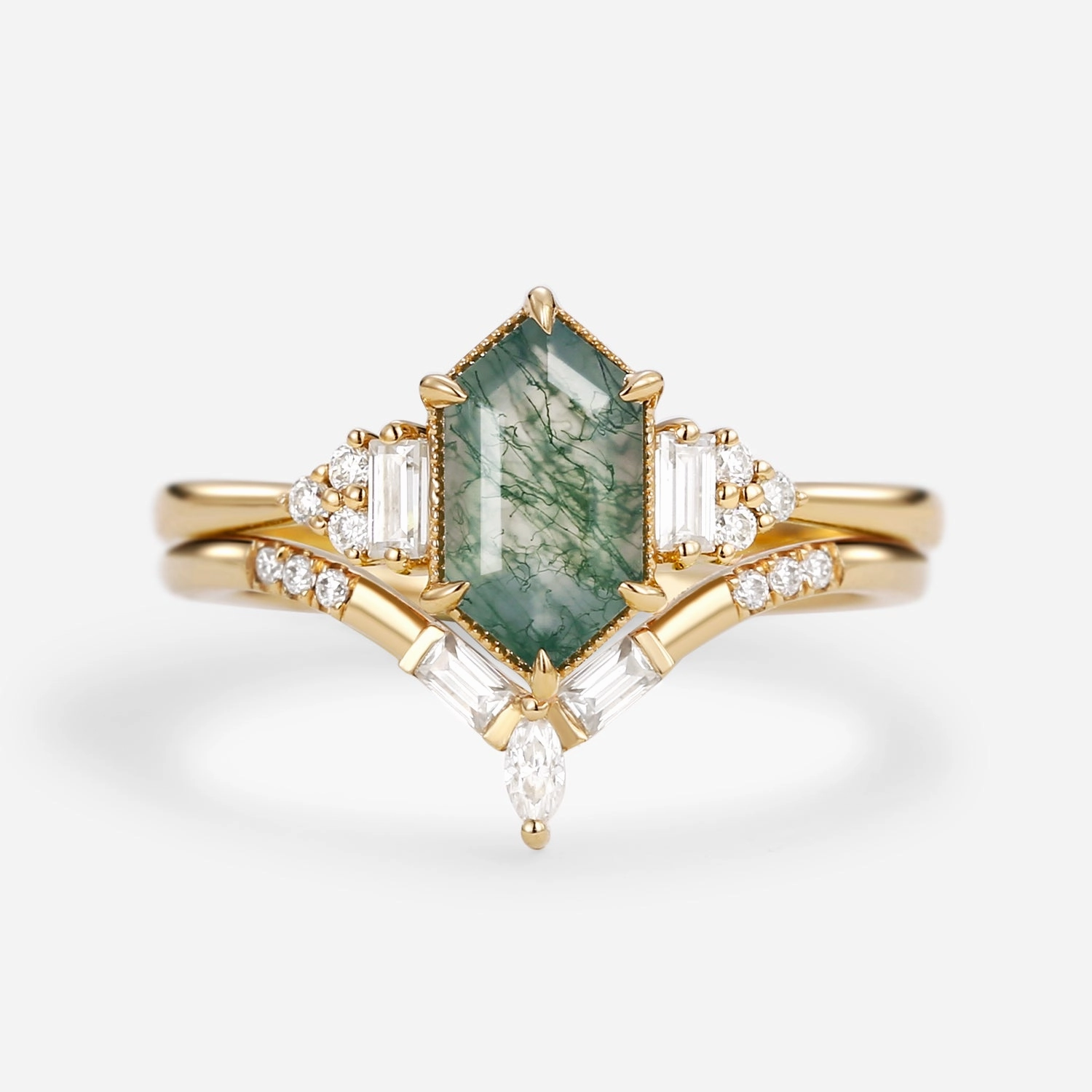 Vibrant Jewelry Design Fresh Design Long Hexagon Moss Agate Baguette Engagement Ring Set 2pcs