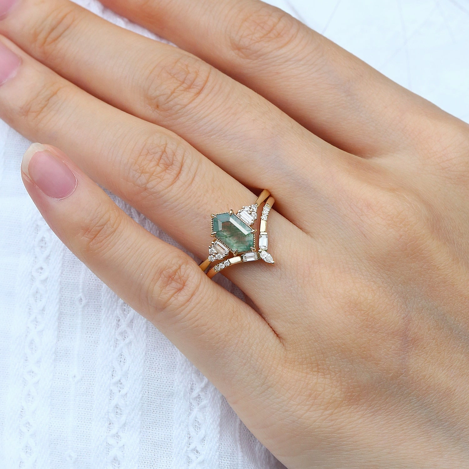 Long Hexagon Moss Agate Baguette Engagement Ring Set 2pcs Gift Ready Timeless Gifts