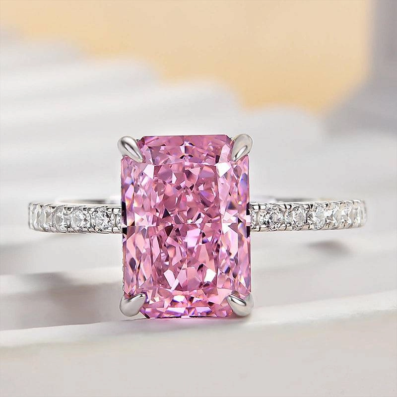 Louily 3.3 Carat Simulated Diamond Pink Stone Radiant Cut Engagement Ring In Sterling Silver Radiant Gems