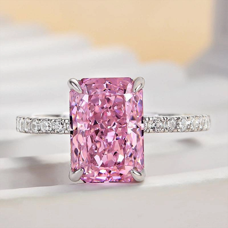 Louily 3.3 Carat Simulated Diamond Pink Stone Radiant Cut Engagement Ring In Sterling Silver Premium Detail Bold Feature