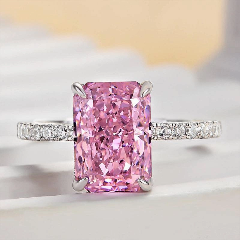 Louily 3.3 Carat Simulated Diamond Pink Stone Radiant Cut Engagement Ring In Sterling Silver Street Detail