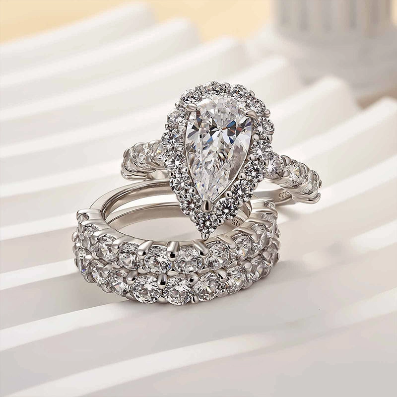 Louily 3PC Classic Halo Pear Cut Wedding Ring Set In Sterling Silver Enchanted Sparkle