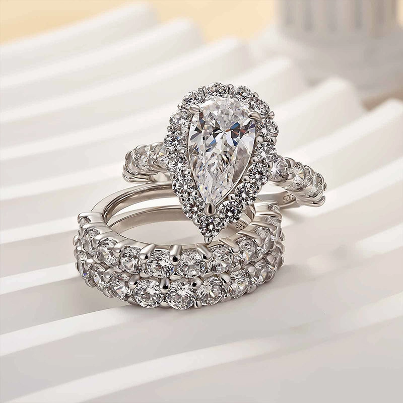 Wedding guest Louily 3PC Classic Halo Pear Cut Wedding Ring Set In Sterling Silver